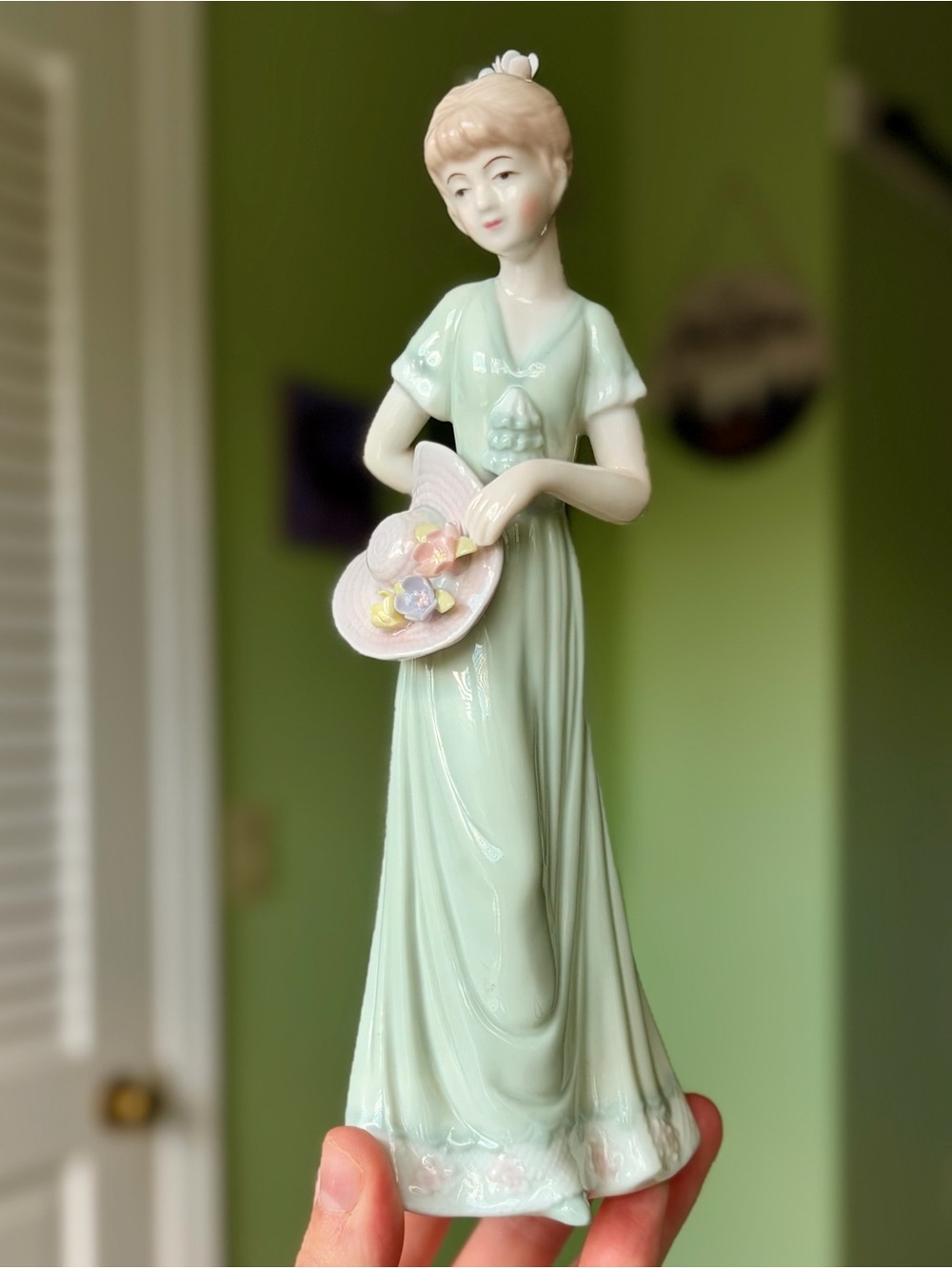 Vintage Porcelain Woman Cottage Figurine in Pale Green - Decorative Home Accent